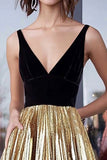 Black Gold Metallic A Line Pleated Floor Length Prom Dress