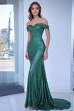 Sparkly Green Sequin Off the Shoulder Sheath Long Prom Dress