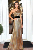 Gold One Shoulder Pleated Metallic Sheath Floor Length Prom Dress