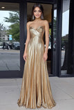 Metallic Gold Strapless Sweetheart A Line Long Prom Dress