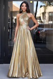 Metallic Gold Halter Keyhole A Line Pleated Long Prom Dress