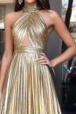 Metallic Gold Halter Keyhole A Line Pleated Long Prom Dress