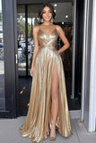 Gold V-Neck A Line Metallic Pleated Floor Length Prom Dress with Slit