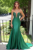 Green Strapless Mermaid Satin Sweep Train Prom Dress with Beading