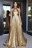 Gold Halter Metallic Keyhole Pleated A Line Long Prom Dress