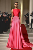 Red Pink Jewel Neck Pleated Satin A Line Red Carpet Dress