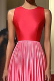 Red Pink Jewel Neck Pleated Satin A Line Red Carpet Dress