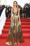 Metallic Satin Gold V Neck Pleated A Line Long Red Carpet Dress