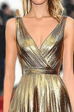 Metallic Satin Gold V Neck Pleated A Line Long Red Carpet Dress