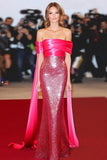 Fuchsia Off the Shoulder Sheath Sequins Red Carpet Dress with Ribbon