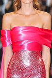 Fuchsia Off the Shoulder Sheath Sequins Red Carpet Dress with Ribbon