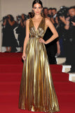 Metallic Gold Deep V-Neck A Line Pleated Floor Length Formal Dress