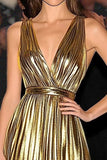 Metallic Gold Deep V-Neck A Line Pleated Floor Length Formal Dress