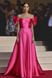 Elegant Fuchsia Satin Off the Shoulder A Line Long Formal Dress