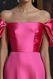 Elegant Fuchsia Satin Off the Shoulder A Line Long Formal Dress