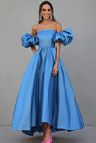 Blue A Line Satin Long Red Carpet Dress with Puff Sleeves