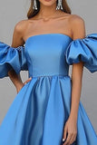 Blue A Line Satin Long Red Carpet Dress with Puff Sleeves