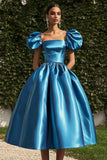 Blue Satin Ball Gown Tea Length Red Carpet Dress