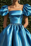 Blue Satin Ball Gown Tea Length Red Carpet Dress