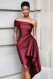 Burgundy One Shoulder Bodycon Satin Knee Length Red Carpet Dress