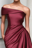 Burgundy One Shoulder Bodycon Satin Knee Length Red Carpet Dress