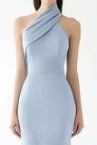 Light Blue Crepe Halter Sheath Floor Length Red Carpet Dress