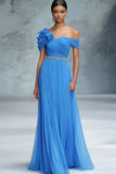 Blue Off the Shoulder Pleated A Line Chiffon Red Carpet Dress with Ruffles