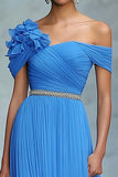 Blue Off the Shoulder Pleated A Line Chiffon Red Carpet Dress with Ruffles