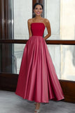 Red Pink Strapless Straight Neck Satin A Line Red Carpet Dress