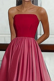 Red Pink Strapless Straight Neck Satin A Line Red Carpet Dress