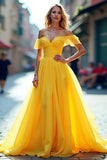 Yellow A Line Off the Shoulder Ruffled Long Prom Dress