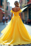 Yellow A Line Off the Shoulder Ruffled Long Prom Dress