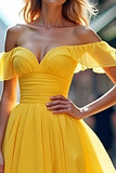 Yellow A Line Off the Shoulder Ruffled Long Prom Dress