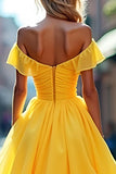 Yellow A Line Off the Shoulder Ruffled Long Prom Dress