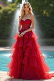 Sweetheart Corset Red A Line Tiered Long Prom Dress with Ruffles