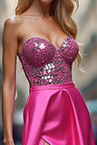 Sparkly Fuchsia A Line Sweetheart Corset Prom Dress with Slit