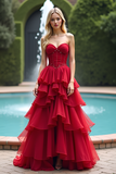 Red Corset Sweetheart A Line Tiered Long Prom Dress with Ruffles