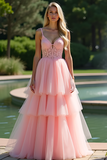 Princess Pink V-Neck A Line Tiered Corset Long Prom Dress