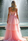 Princess Pink V-Neck A Line Tiered Corset Long Prom Dress