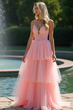 Princess Pink V-Neck A Line Tiered Corset Long Prom Dress