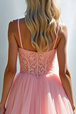 Princess Pink V-Neck A Line Tiered Corset Long Prom Dress