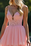 Princess Pink V-Neck A Line Tiered Corset Long Prom Dress