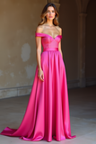 Fuchsia A Line Off the Shoulder Corset Long Satin Prom Dress