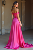 Fuchsia A Line Off the Shoulder Corset Long Satin Prom Dress