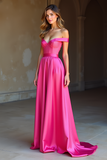 Fuchsia A Line Off the Shoulder Corset Long Satin Prom Dress