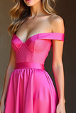 Fuchsia A Line Off the Shoulder Corset Long Satin Prom Dress