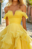 Yellow Off the Shoulder A Line Tiered Long Prom Dress with Ruffles