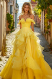 Yellow Off the Shoulder A Line Tiered Long Prom Dress with Ruffles