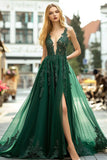 Dark Green V-Neck A Line Long Lace Applique Prom Dress with Slit