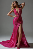 Sparkly Fuchsia Sheath Sequined V-Neck Long Prom Dress with Slit